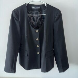 Zara Women's Elegant Black Blazer with Gold Accents